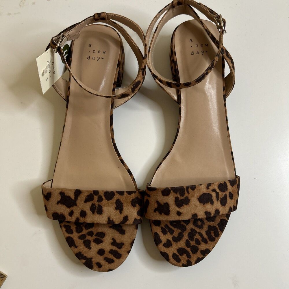A New Day Women’s Winona Brown Leopard Print Ankle Strap Sandals FLAW